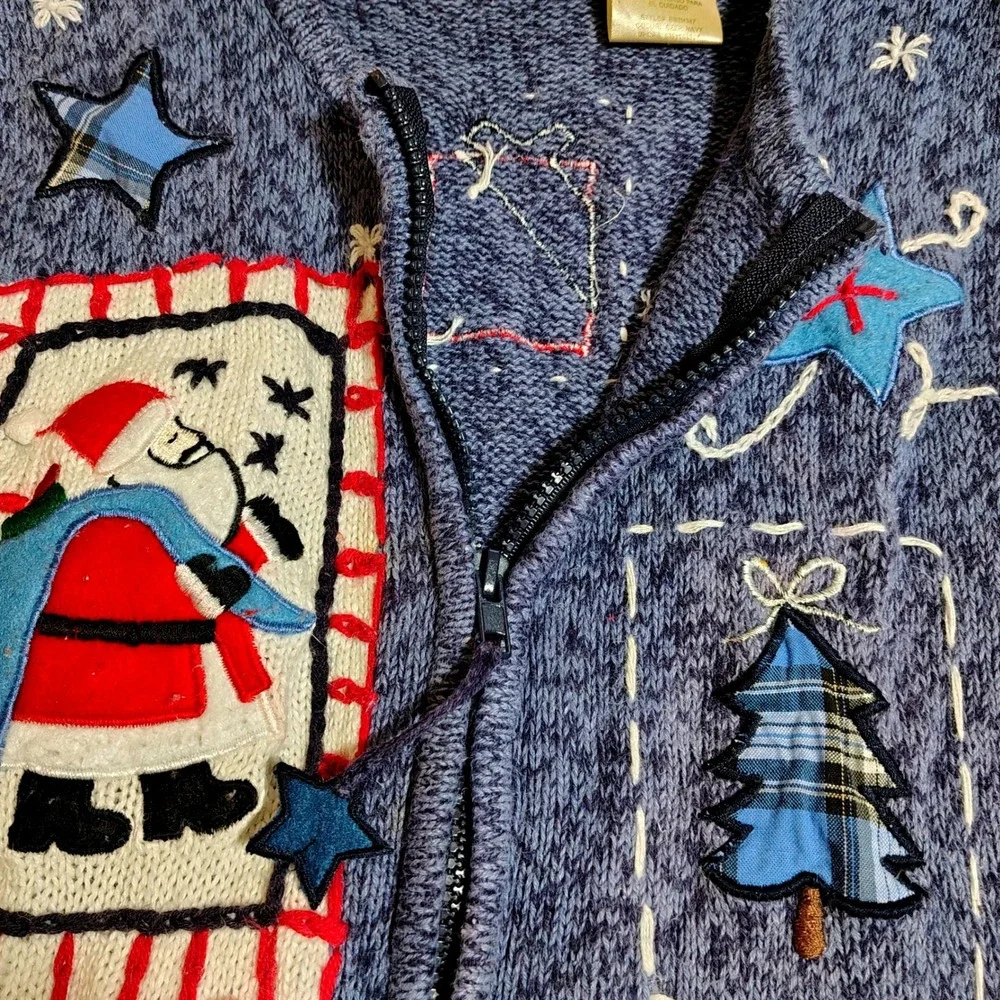 Bobbie Brooks Womens Blue‎ Santa Claus Christmas Sweater Vest Medium Zip up